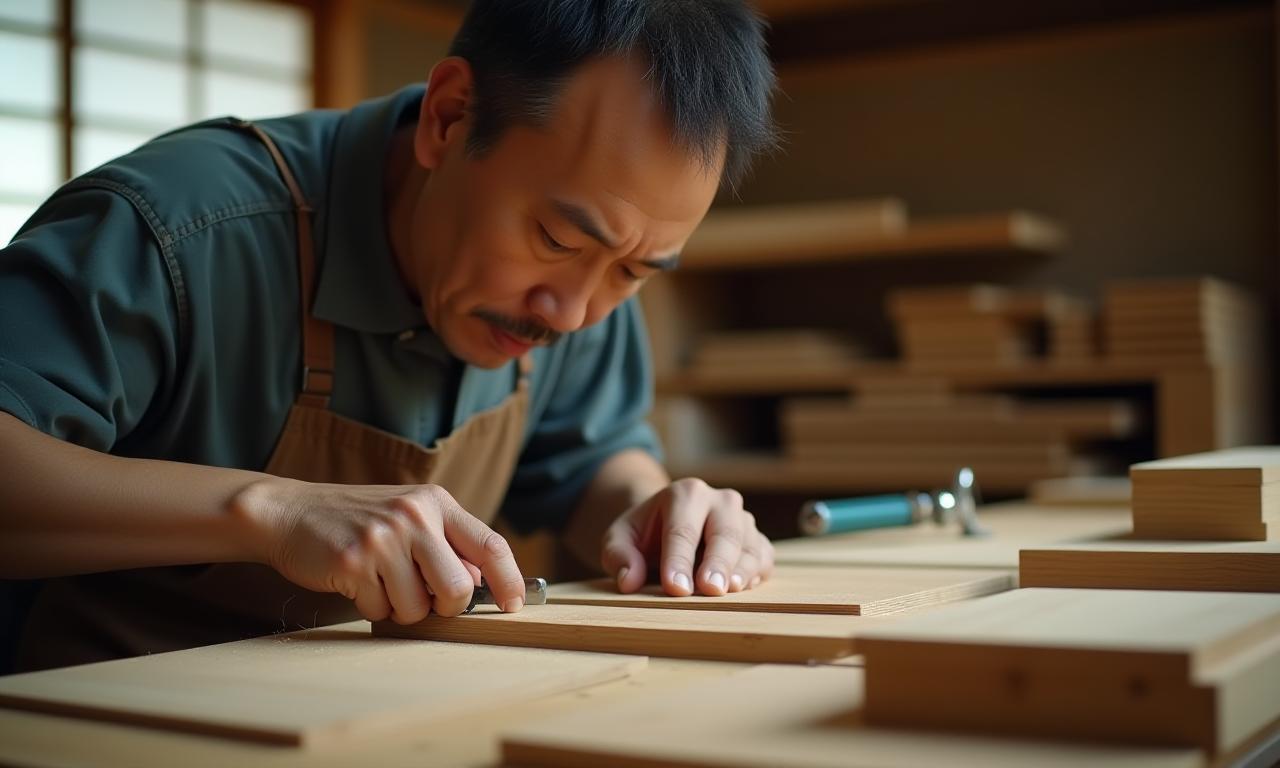 東工房の熟練職人が手作業で木材を加工している様子